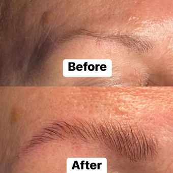A fine, sparse brow before lamination and the same brow afterwards, the hairs brushed up and held in place.