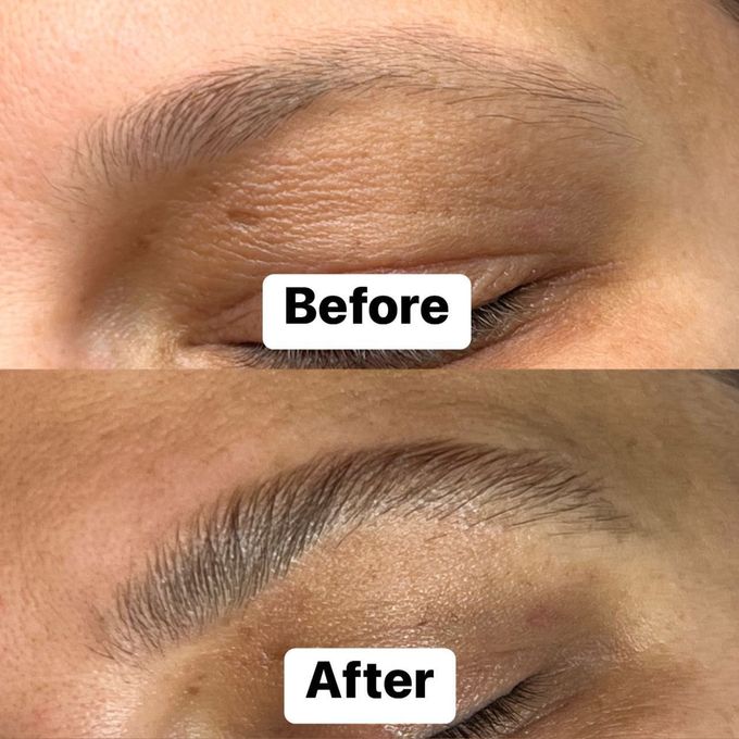 A brow before and after lamination, the hairs combed upward and set into a full, even shape.