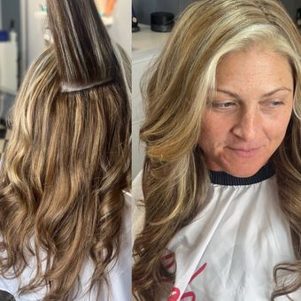Before and after: a weft sewn in below the parting on the left, and the finished blend of blonde and brown lengths on the right.