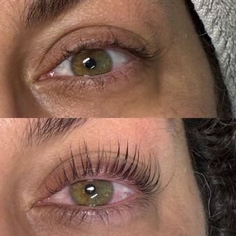 A lash lift before and after on one eye, the uppers curled clear of the lid and the lower lashes separated.