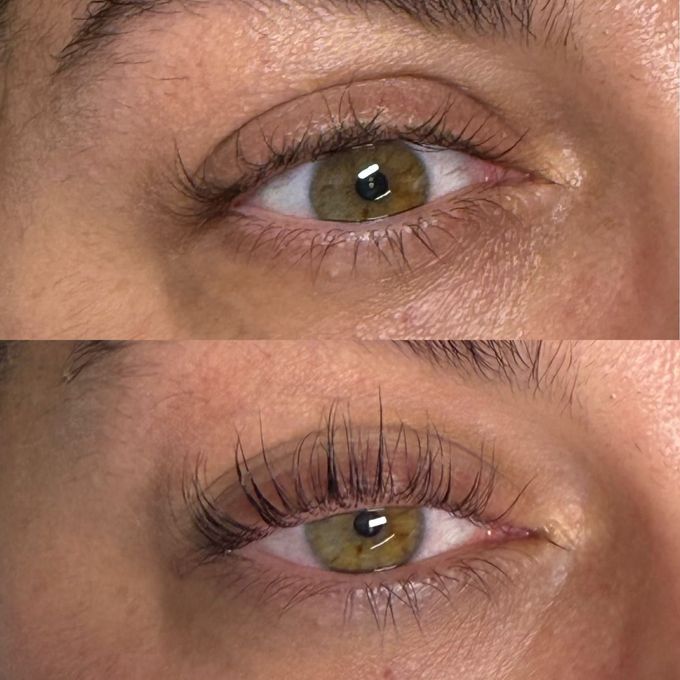 Before and after a lash lift, the lashes lifted away from the lash line and fanned open.